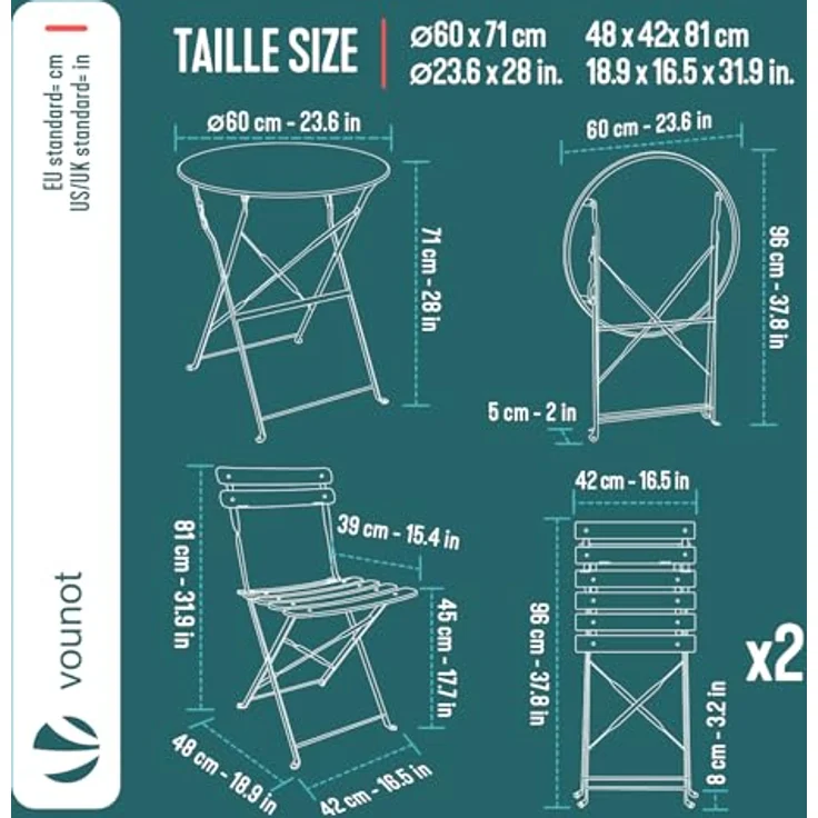 VOUNOT® Bistroset 3-teilig, Klappbar Bistrotisch mit 2 Stühlen, Metall Bistro Set Outdoor, Gartenmöbel Set, Sitzgruppe für Balkon, Terrasse, Garten & Wohnraum, UV- und wetterfest, Grau – Bild 3