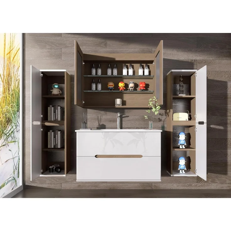 Homeline Badezimmermöbel Set Badmöbel Hochglanz Eiche/Weiß inkl LED Spiegelschrank Waschbecken 90cm (90, 5, 2X Hochschrank) – Bild 2