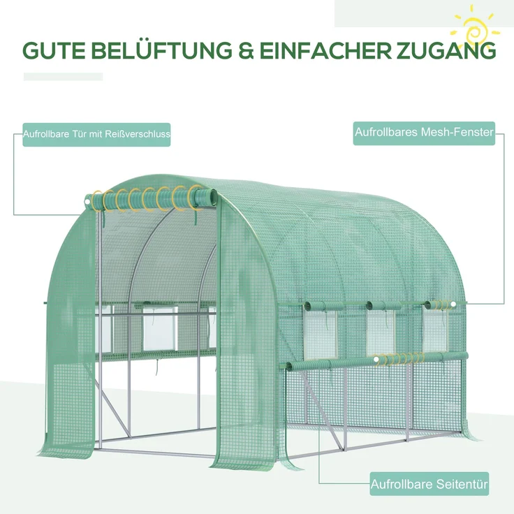 MELAYR, Foliengewächshaus, 6 aufrollbare Fenster, Tür mit Reißverschluss, rostfreier Stahlrahmen, 2.95 x 2 x 2 m, Grün – Bild 6