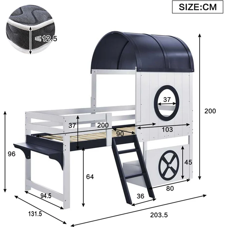Halbhohes Kinderbett 90×200 cm mit Dach, Fenstern und Schublade, Weiß/Dunkelblau, ohne Matratze – Bild 5