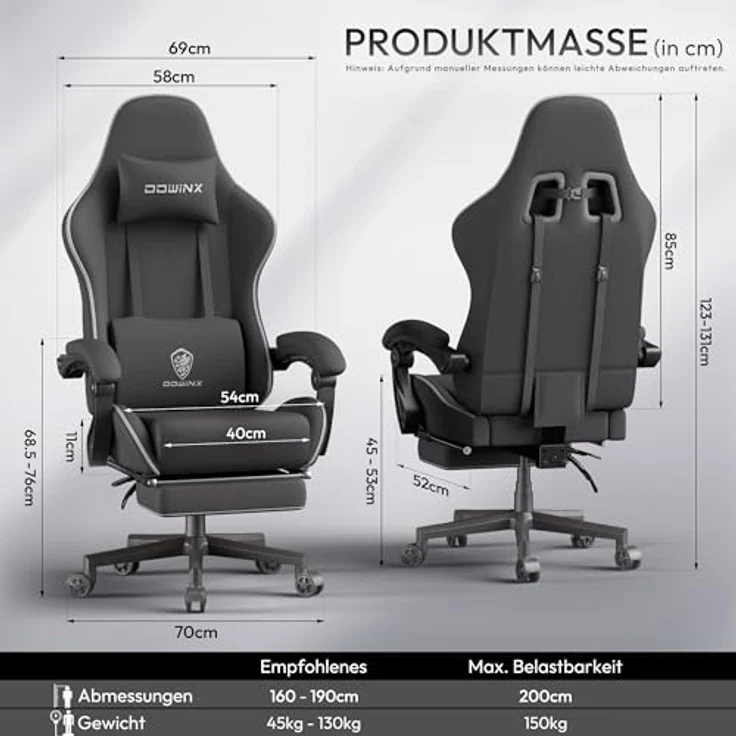 Dowinx Gaming Stuhl Tasche Frühling Kissen, Atmungsaktiver Bürostuhl aus Hochwertigem Stoff, Ergonomischer PC-Stuhl mit Kopfstütze, Drehbarer Schreibtischstuhl mit Fußstütze (Schwarz) – Bild 4