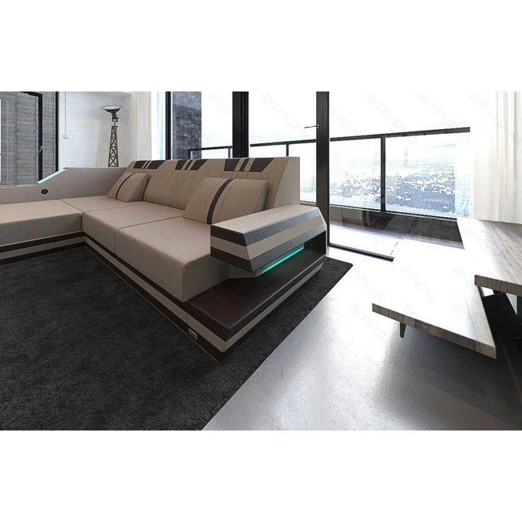 Sofa Dreams - Polstersofa Materialmix Ravenna L-Form LED - Mikrofaserstoff - Taupe-Weiß - Links – Bild 5