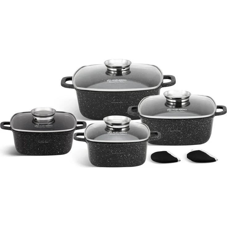 KlönBerg Topf-Set Quadratische Töpfe in 4 verschiedenen Größen, Bräter, Backtopf, Aluminiumguss, Aluminium, Keramik, Edelstahl (Passt in jede Küche! (2.3L / 2.7L / 4.0L / 4.5L), 8-tlg, Es ist eine perfekte Geschenkidee für jeden Anlass), Innovative Aro...