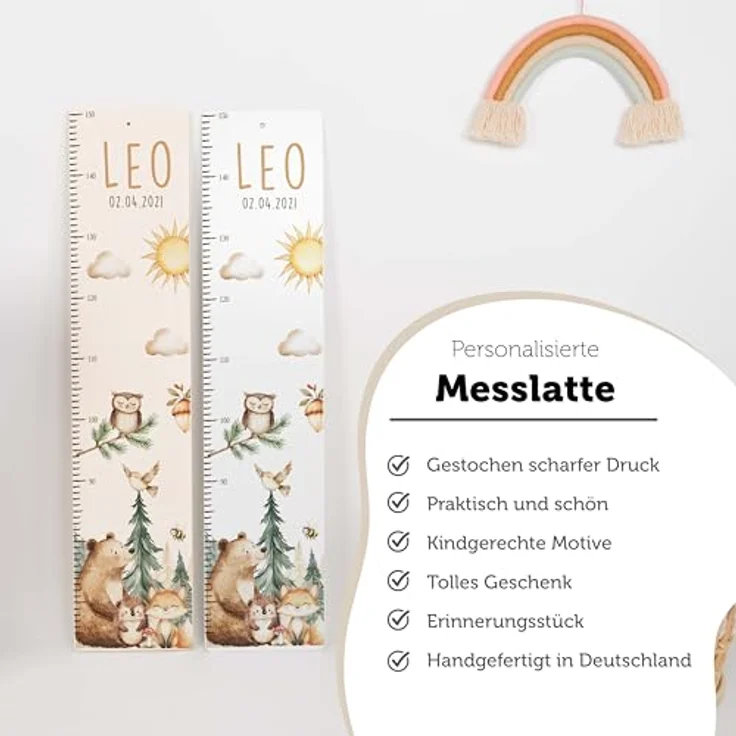 Kidsmood - Personalisierte Messlatte Kinder Aluverbund – Hochwertige Messleiste & Wand-Deko für Kinderzimmer mit liebevollem Fröhliche Waldtiere – Tolles Geschenk zur Geburt- (65-140cm) – Bild 4
