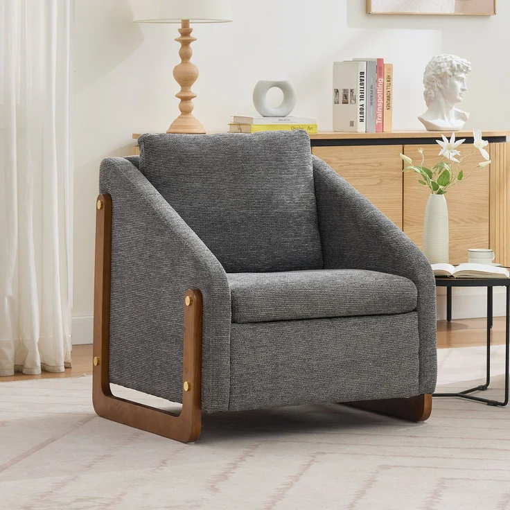 Chenille-Grau Loungesessel mit Holzarmlehnen, ergonomischem Design, kompakter Größe & hoher Belastbarkeit – Bild 2