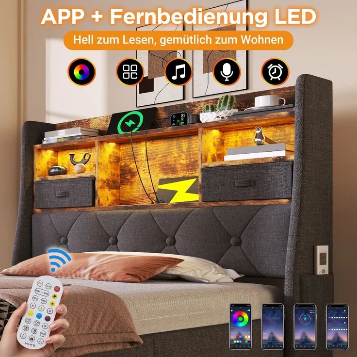 Einzelbett 90x200 Grau mit LED, Stauraum, USB/Typ-C Ladeports, Retro-Polsterkopfteil & Hydraulik – Bild 8