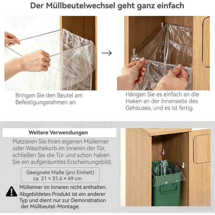 Mülltrennschrank 46,7 x 35 x 80,3 cm in Hochglanz-Weiß mit 2 Fächern und feststellbaren Rollen – Bild 8