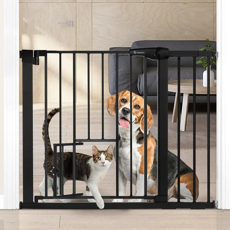 COMOMY Türschutzgitter mit Katzenklappe, 75-103cm Treppenschutzgitter ohne Bohren für Hunde und Katzen, Autoclose, Erweiterbar Türgitter Absperrgitter mit 7cm und 14cm Verlängerungen, Schwarz