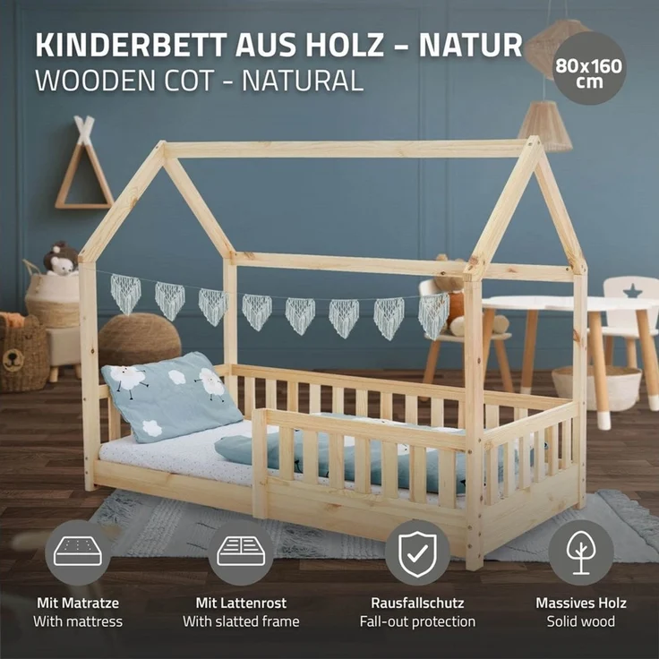 ML-DESIGN Kinderbett Hausbett mit Rausfallschutz, Dach und Lattenrost Massivholz, Bett 80x160 cm Natur mit Matratze 16cm für Mädchen Jungen Holzbett – Bild 2