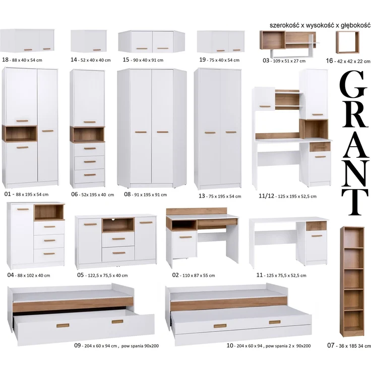Marmex Möbel Grant Set-A Jugendzimmer Komplett-Set 4-teilig mit Kleiderschrank, Schreibtisch, Wandregal, geschlossenes Regal, Kinderzimmermöbel mit Schreibtisch, laminierte Spanplatte, Kleiderstange, weiß+riviera Eiche, 250x195x55 cm – Bild 8