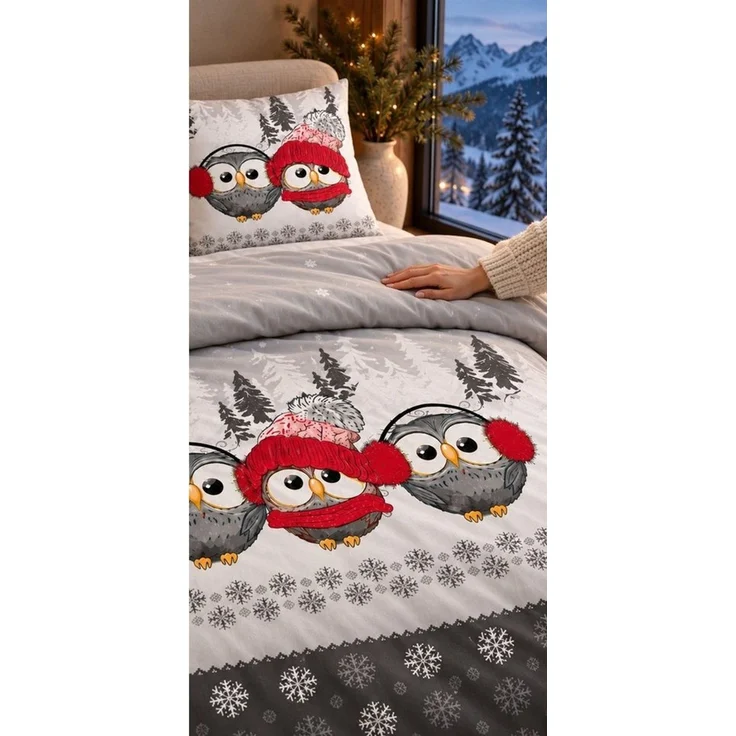One Home Bettwäsche Süße Eulen im Wintermotiv, Flanell, 4 teilig, Schneeflocken Weihnachtlich, Baumwolle Biber kuschelig warme weiche – Bild 4