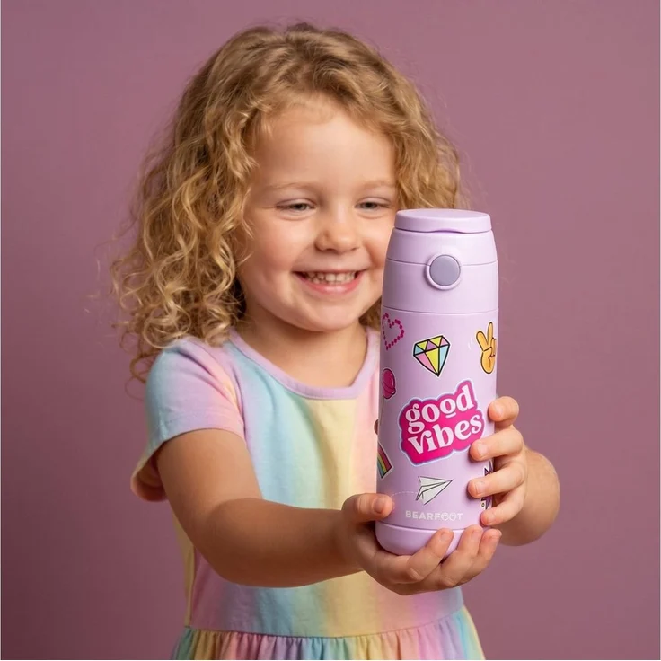 BEARFOOT Trinkflasche Thermo Kinder Trinkflasche Edelstahl - Sticker lila, Thermosflasche, auslaufsicher, Edelstahl, Kinderflasche, BPA-frei – Bild 3