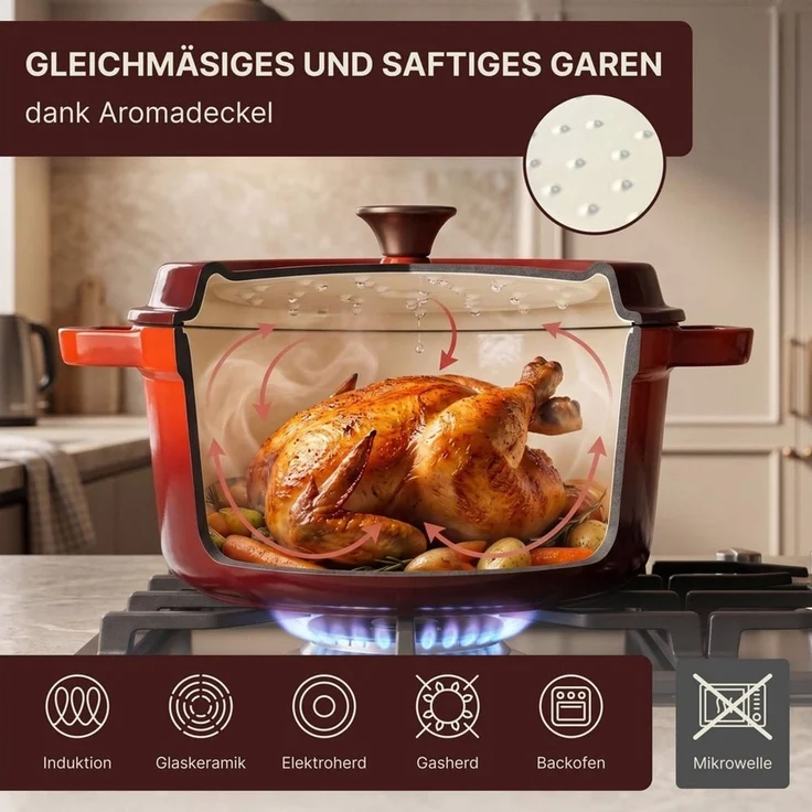 BIG-PAN Kochtopf Emaillierter Gusseisen Topf mit Deckel Ø26 cm 5L Bräter Dutch Oven, Gusseisen (Induktionsgeeignet Backofenfest, Kasserolle Brotbacktopf Cocotte) – Bild 3