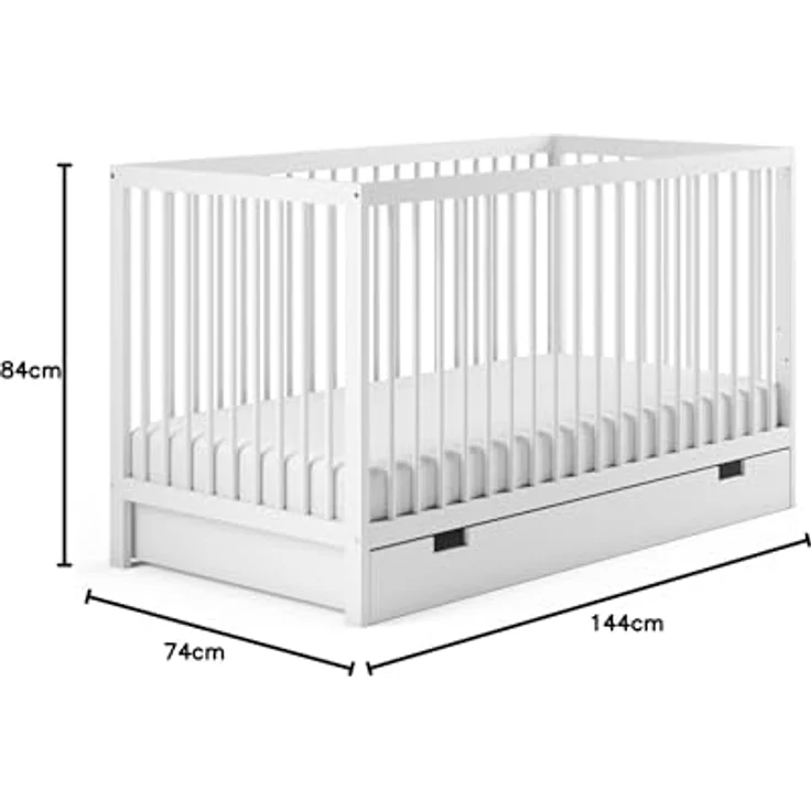 Kids Collective Kinderbett Babybett Gitterbett 60x120 und 70x140 cm höhenverstellbar, mit Schublade und Matratze weiß 70x140 cm von Geburt bis 6. Lebensjahr – Bild 9