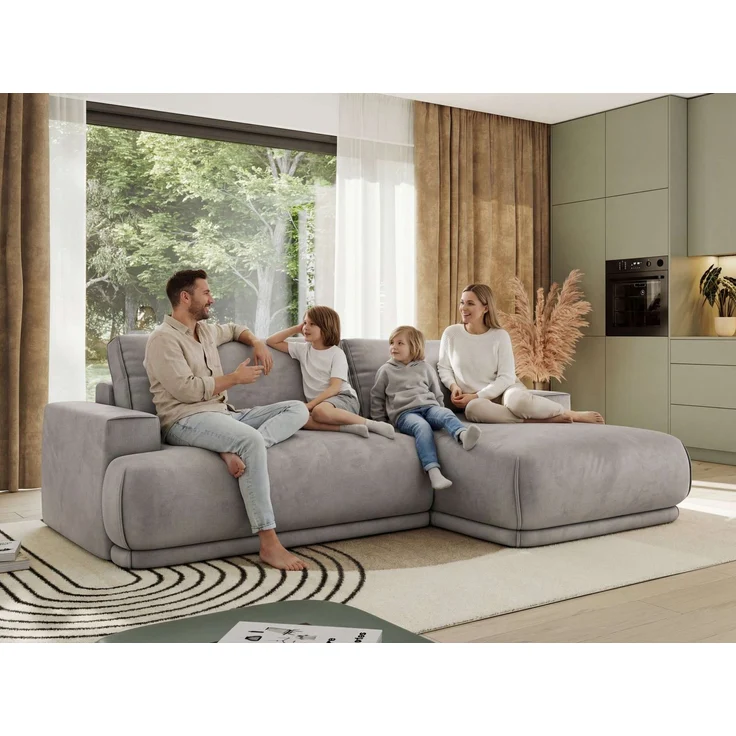 RINA L Design Ecksofa, Schlaffunktion & Stauraum, DL-System, Wellenfedern, Liegefläche 220x155 cm, freistehendes Polstersofa, Schlafcouch - Dunkelgrau Schenille glatt - Links Seite – Bild 3