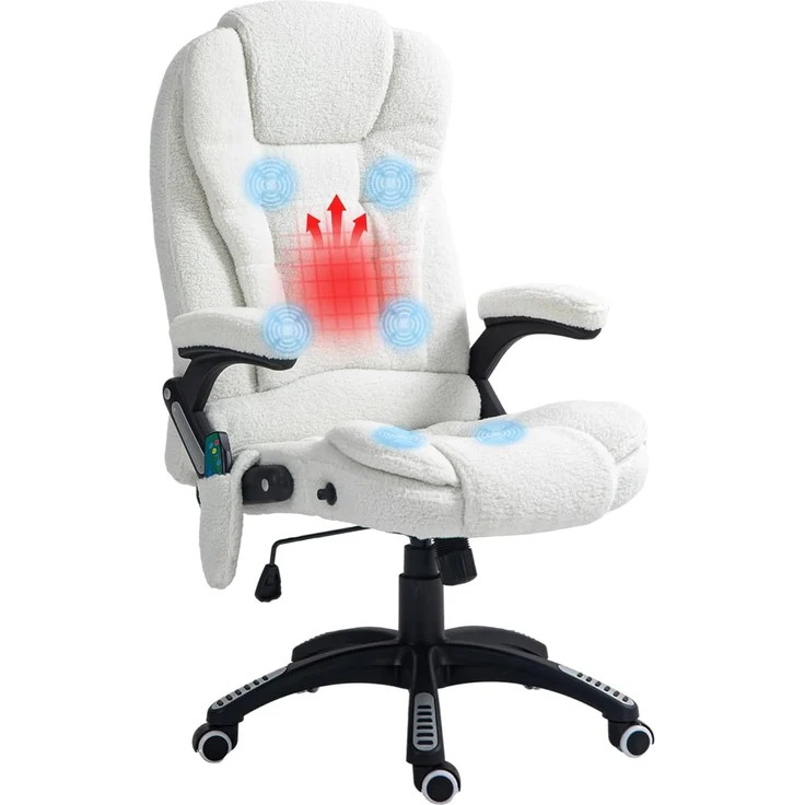 Vinsetto Bürostuhl, Massagesessel, beheizt, Bürostuhl, ergonomischer Stuhl mit Verstellbarer Höhe, neigbare Rückenlehne und Fernbedienung, kabelgebunden, 360° drehbar, Polyestergewebe, Weiß – Bild 1
