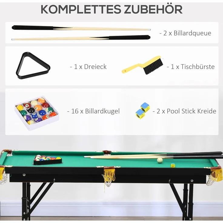SPORTNOW Billardtisch klappbar Tischbillard mit Billardqueue und Billardkugel, (Spieltisch, 1-tlg), für Jugend, Erwachsene, Stahl, Grün – Bild 5