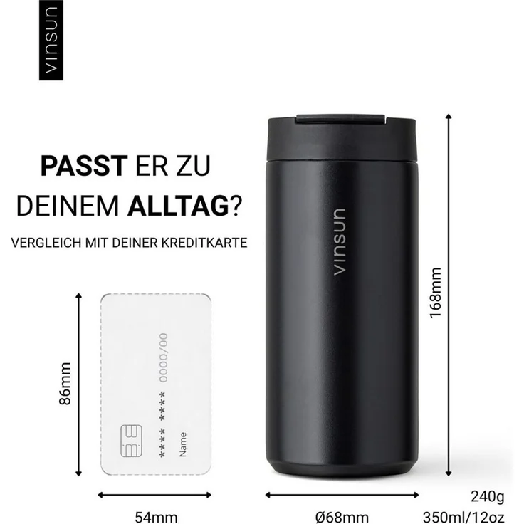 Vinsun Thermobecher Edelstahl Isolierbecher 350ml - Kaffeebecher doppelwandig isoliert, 2-tlg, Edelstahl, BPA frei, auslaufsicher, bruchfest, Kalt- und Heißgetränke – Bild 3