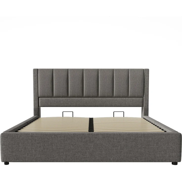 Polsterbett 160x200 cm Doppelbett mit verstecktem Becherhalter & Ladestation, hydraulischem Stauraum, Inkl. Lattenrost, Leinen Grau – Bild 9