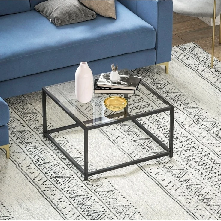 DESVIAE Couchtisch mit gehärteter Glasplatte 68x39x68 cm Stahl Schwarz – Bild 2