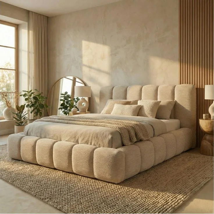 yourhouse24 Polsterbett Design-Polsterbett – Voluminöse Rillensteppung in Cord, Bubble-Optik & Japandi