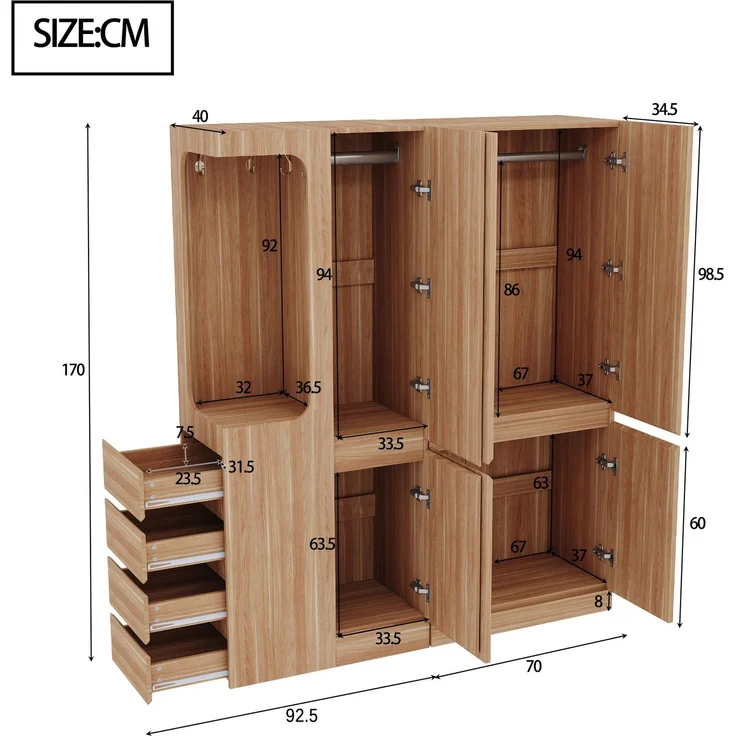 CHICFURN Kleiderschrank 140x170x40 cm aus Holz mit Schubladen und offenem Hängebereich Naturholz – Bild 9