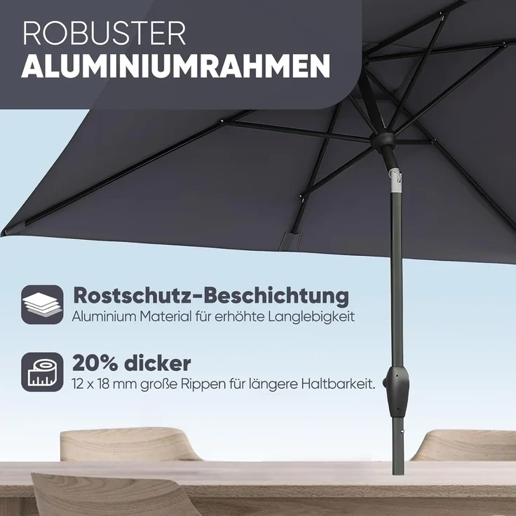 Sekey Sonnenschirm mit Kurbel und UV50+, knickbar, Aluminium grau, 210 × 140 cm – Bild 4
