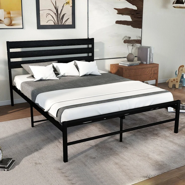 Doppelbett aus Metall mit MDF-Kopfteil, ohne Matratze, 140x200 cm, Schwarz – Bild 5