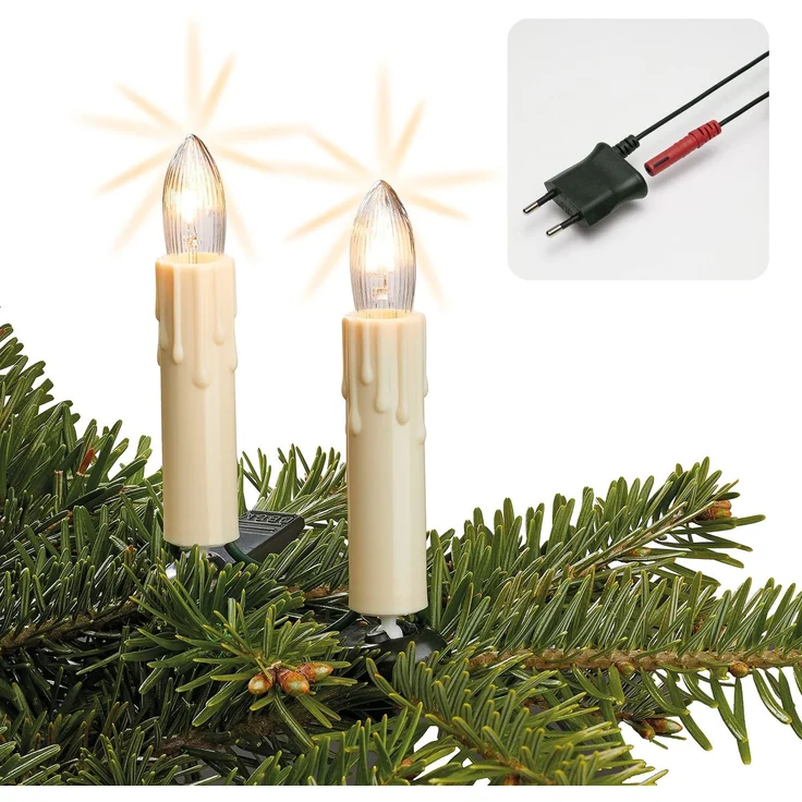 hellum Lichterkette Weihnachtsbaum Made-in-Germany Christbaumbeleuchtung Kerzen Lichterkette innen mit Clip, 20 Lichter, beleuchtet 1330cm, Kabel grün Schaft elfenbeinfarben mit Wachstropfen 812077 – Bild 2