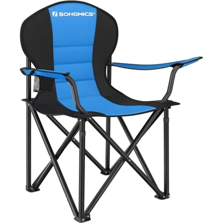 SONGMICS Campingstuhl, klappbar, Klappstuhl, komfortabler mit Schaumstoff gepolsterter Sitz, mit Flaschenhalter, hoch belastbar, max. Belastbarkeit 250 kg, Outdoor Stuhl, blau GCB06BU