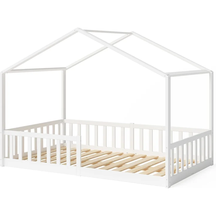 Bellabino 'Bia' Hausbett 120x200 cm mit Matratze, weiß, Kiefer Massivholz, Bodenbett in Hausoptik, Montessori Kinderbett mit Rausfallschutz und Lattenrost – Bild 2