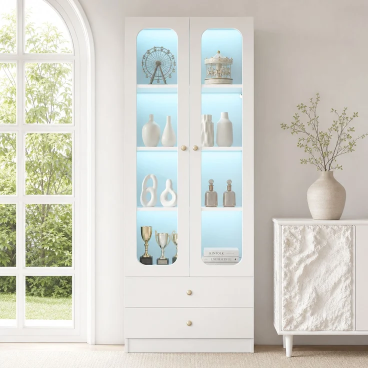 ZUBALIYA Glasvitrine, Küchenschrank, Aktenschrank, Sammelfiguren-Vitrine, 4 Ebenen Spielzeugschrank mit 2 Schubladen, LED-Leiste mit RGB-Farbwechsel per App steuerbar, goldene Metallgriffe, weiß, 60x35x170 cm – Bild 4