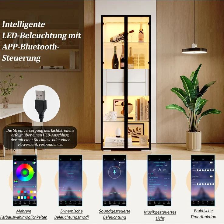 DESVIAE Vitrine mit LED-Beleuchtung und 2 Schubladen 60x160x40 cm MDF/Hartglas Weiß/Schwarz – Bild 6