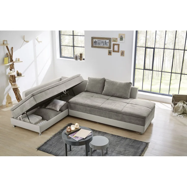Ecksofa-Dauerschläfer Doppelbett Federkern Bettkasten Couch in Graubraun Beige – Bild 3