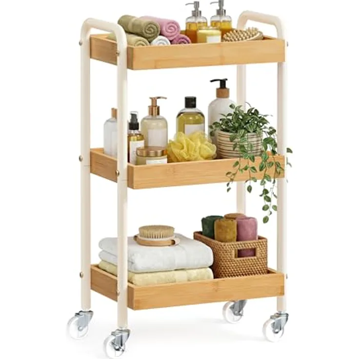 SONGMICS Rollwagen, Servierwagen, Küchenwagen, Küchenregal mit Griffen, einfacher Aufbau, für Schlafzimmer, Badezimmer, Küche, Stahlgestell, 27,5 x 41,3 x 73 cm, naturbeige LRC081YL01