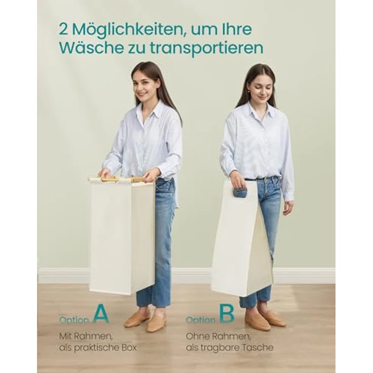 SONGMICS Wäschekorb 4 Fächer, Bambus, Wäschesammler 200 L, Wäschesortierer, mit Ablage, Wäschesack, kleine seitliche Taschen, Wäscheregal, 4 x 50 L, 124,6 x 33 x 78 cm, cremeweiß RLHDE120W01 – Bild 7