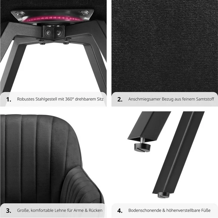 tectake Esszimmerstuhl Drehbarer Armlehnstuhl (1er Set, 1 St), gepolstert, in Samtoptik – Bild 3