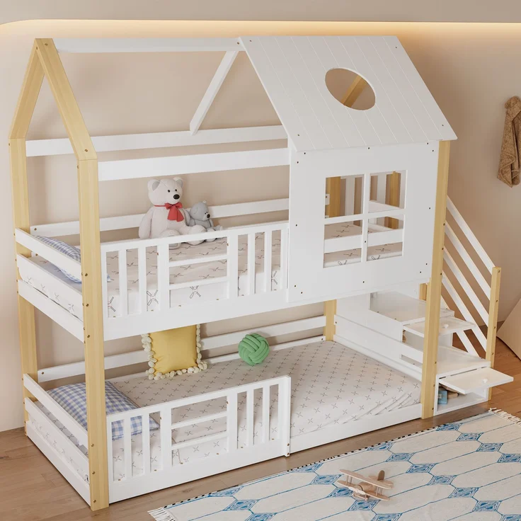 Etagenbett / Hausbett 90 × 200 cm – mit seitlicher Aufbewahrungstreppe, Dach mit Rundöffnung & Fenster, Weiß&Natur – Bild 4