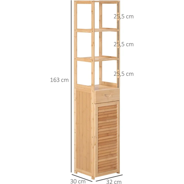 Kleankin Badkommode aus Bambus, mit Schublade, drei Ablagen, offenes Fach (Badezimmerschrank, 1 St, Badezimmermöbel), für Badezimmer, 32 x 30 x 163 cm Naturholz – Bild 3