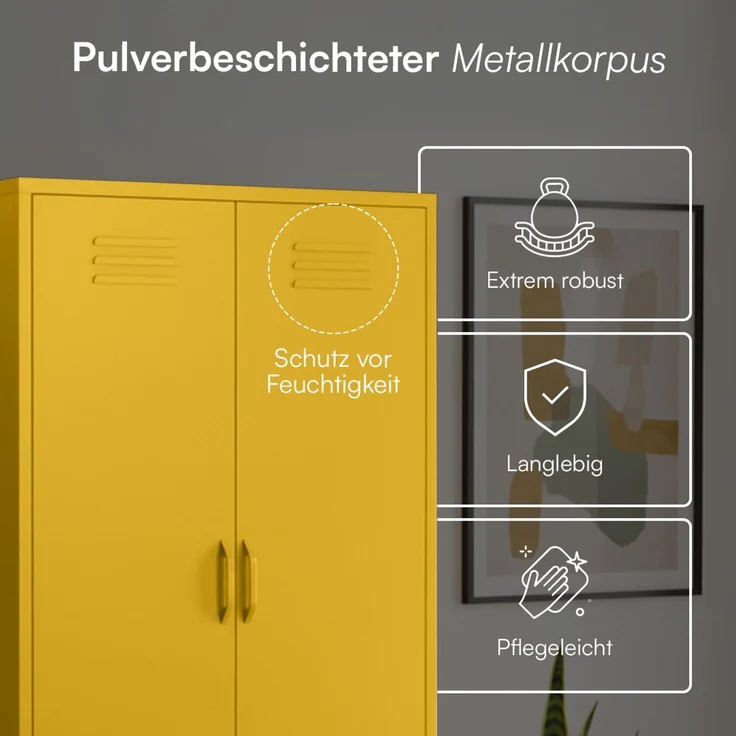 skølm 'Atria' Kleiderschrank mit 3 Schubladen, Metall, 170x45x80 cm, senfgelb, Garderobe mit 4 Fächern und 2 Kleiderstangen – Bild 4