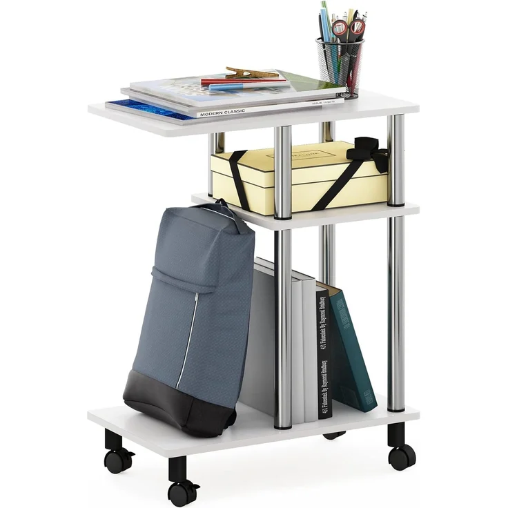 Furinno 18134WOKSS U Form Sofa Beistelltisch mit Rollen, Holzwerkstoff, Weiße Eiche/Edelstahl, 29.5 (D) x 50 (W) x 62.7 (H) cm