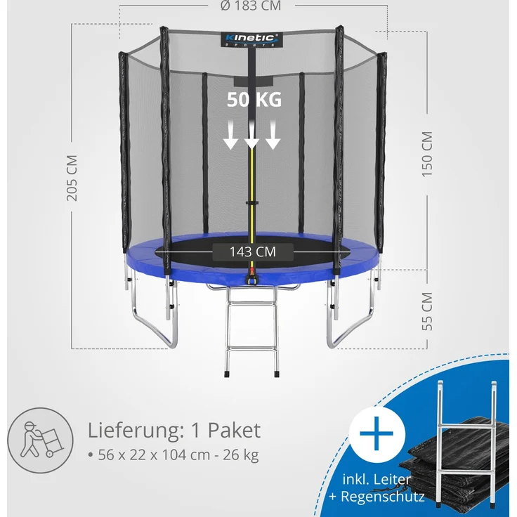 KINETIC SPORTS Trampolin Outdoor 'Salto Plus' - Komplett-Set für Kinder, USA Sprungtuch, Netz, Randpolster, Leiter, Blau-2, Ø 183 cm – Bild 7