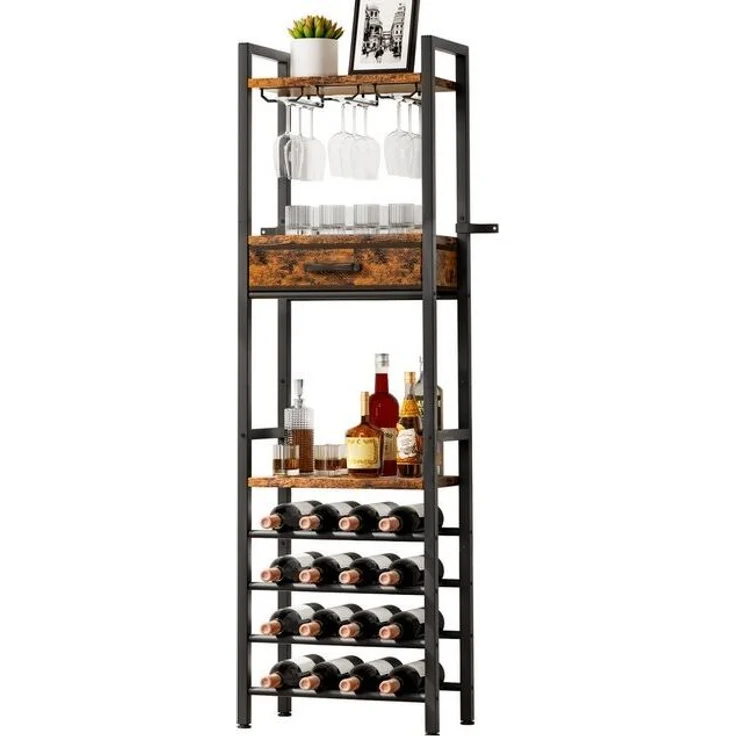 Yorbay Weinregal Vintage Design,Weinständer aus Holz& Metall für 16 Flaschen, 15 Gläser Weinregal mit Ablagefläche und Schublade, für Küche, Wohnzimmer oder als Geschenk – Bild 4