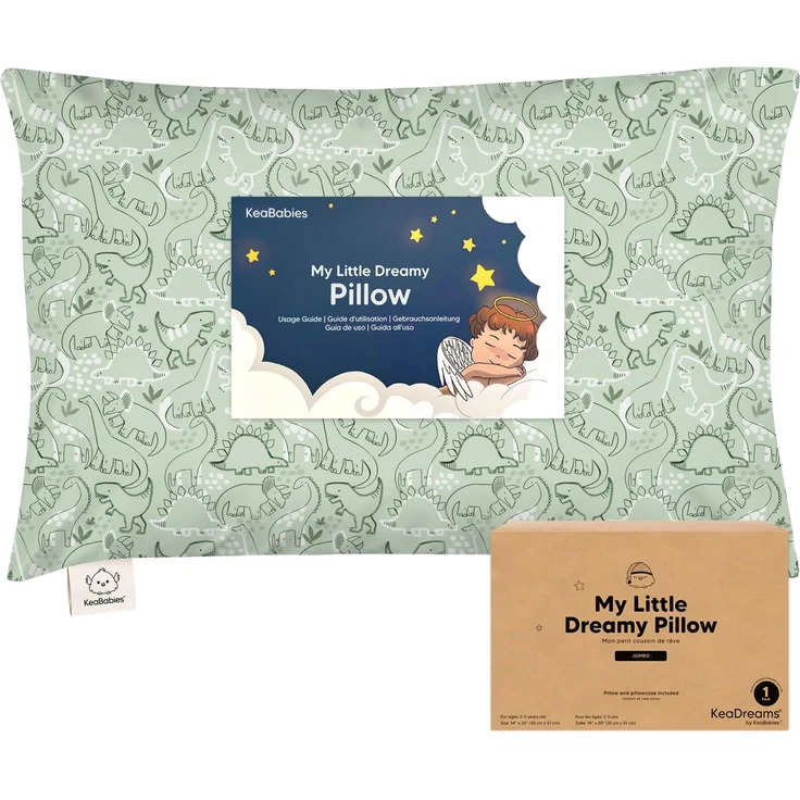 KeaBabies Kinderkissen mit Kissenbezug – 51X35cm Kinderkissen ab 2 Jahren, Waschbares, Weiches Bio-, zum Schlafen, Großes (DinoDood)