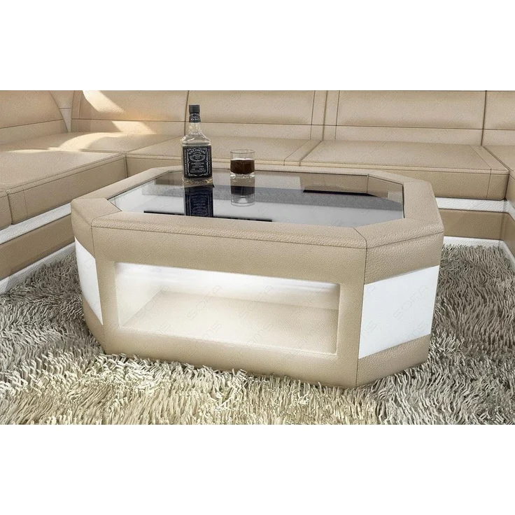 Sofa Dreams - Design Wohnzimmertisch Prato – Mit LED Beleuchtung - Kunstleder - Sandbeige-Weiß – Bild 3