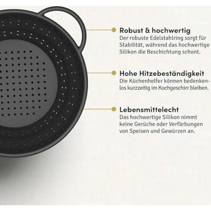 Hoffmann Germany Küchensieb Faltsieb Silikon Edelstahlring 23 cm anthrazit – platzsparend, Silikon, (1-St), 200°C, spülmaschinenfest, faltbar, Nudeln & Gemüse – Bild 3