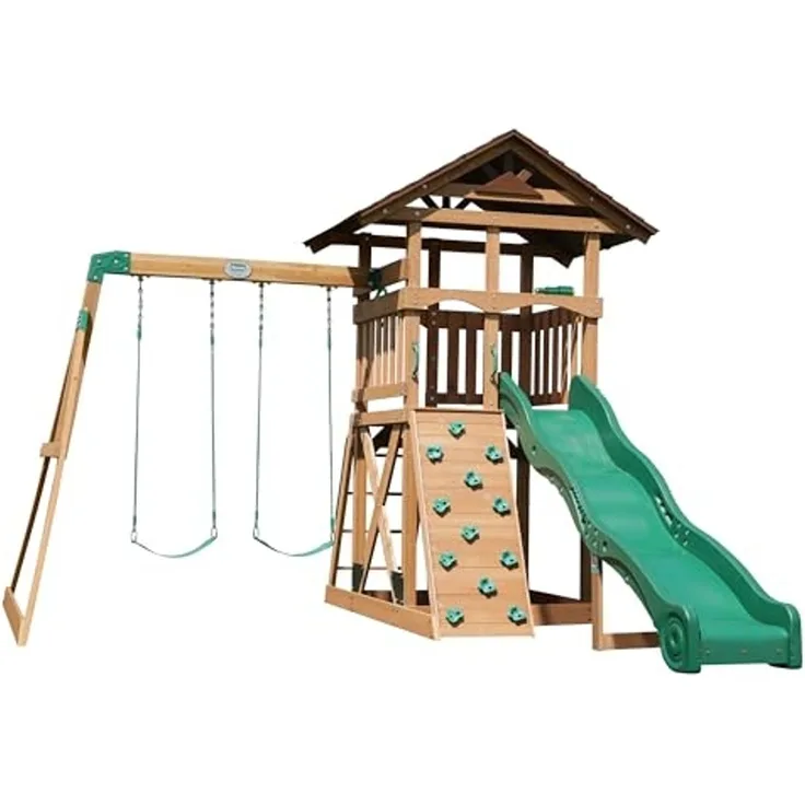 Backyard Discovery Spielturm Lightning Ridge aus Holz XXL-Kinderspielhaus mit Doppelschaukel/Rutsche/Kletterwand/Leiter/Sandkasten/Zubehör inklusive | Braun, grün | Holz | 380 cm
