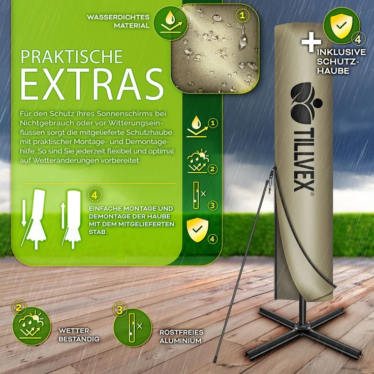 tillvex® Alu Sonnenschirm Rechteckig Ø 330 cm mit LED Solar Braun + Abdeckung mit Kurbel | Ampelschirm mit Ständer & Windschutz | Gartenschirm UV-Schutz, wasserdicht, 360° drehbar | Kurbelschirm Marktschirm – Bild 6
