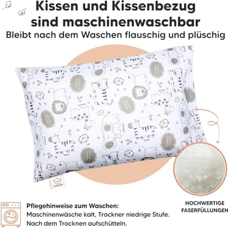 Kopfkissen Kleinkind mit Kissenbezug - Weich Bio Baumwolle Kissen Kinder zum Schlafen - Waschbar Kleinkind Kopfkissen - Kinderkopfkissen für Kleinkinder (KeaSafari) – Bild 5