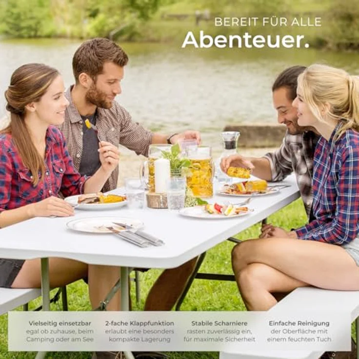 tectake® Klapptisch, Campingtisch mit Trageschlaufe, Gartentisch klappbar, Anti-Rutsch Füße, robust, leicht zu reinigen, 183 x 76 x 74 cm, Tisch für Garten, Terrasse, Balkon, Camping und Picknick – Bild 9
